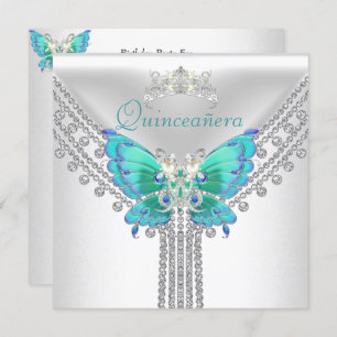 Quinceañera Aquamarin Blue White Butterfly Diamond Einladung