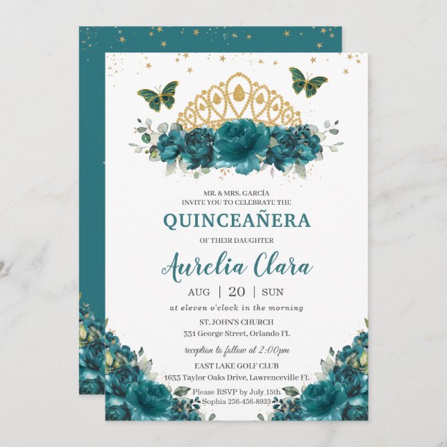 Quinceañera Aquamarin Cyan Floral Butterfells Kron Einladung (Vorne/Hinten)