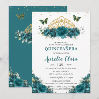 Quinceañera Aquamarin Cyan Floral Butterfells Kron Einladung