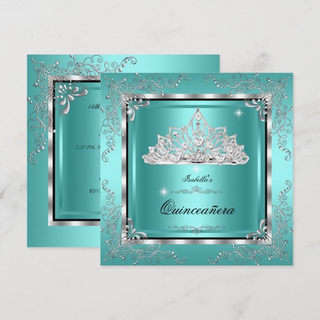 Quinceanera Aquamarin Diamond Tiara 15. Geburtstag Einladung (Vorne/Hinten)