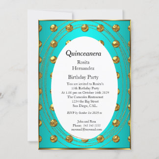 Quinceanera Aquamarin Green Gold Balls Geburtstags Einladung