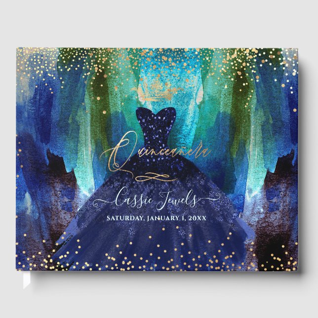 Quinceanera Aquamarin Navy Blue Watercolor Gown Gästebuch (Vorderseite)