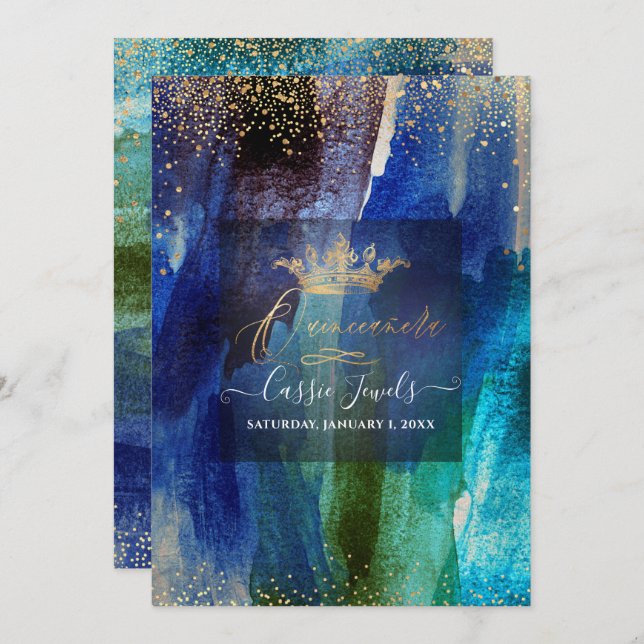Quinceanera Aquamarin Navy Blue Watercolor Pinsels Einladung (Vorne/Hinten)