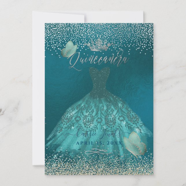 Quinceanera Aquamarin Ombre Butterflies Prinzessin Einladung (Vorderseite)