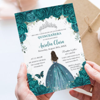 Quinceañera Aquamarine Blumenschmetterlinge Silver Einladung