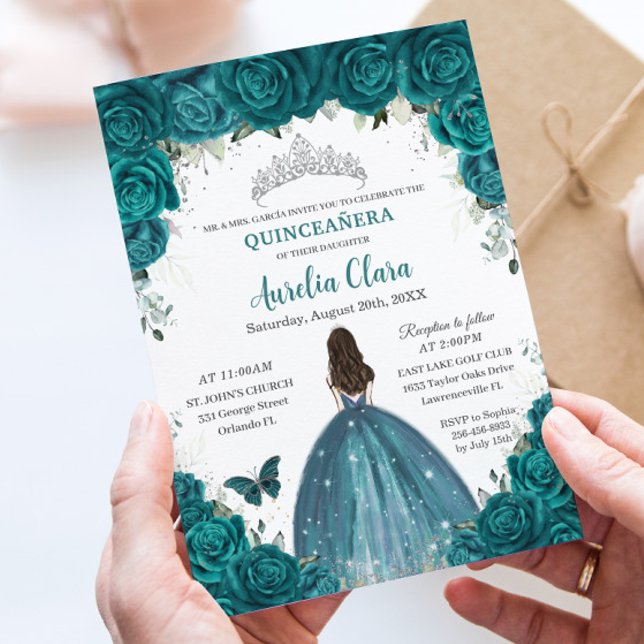 Quinceañera Aquamarine Blumenschmetterlinge Silver Einladung (Von Creator hochgeladen)
