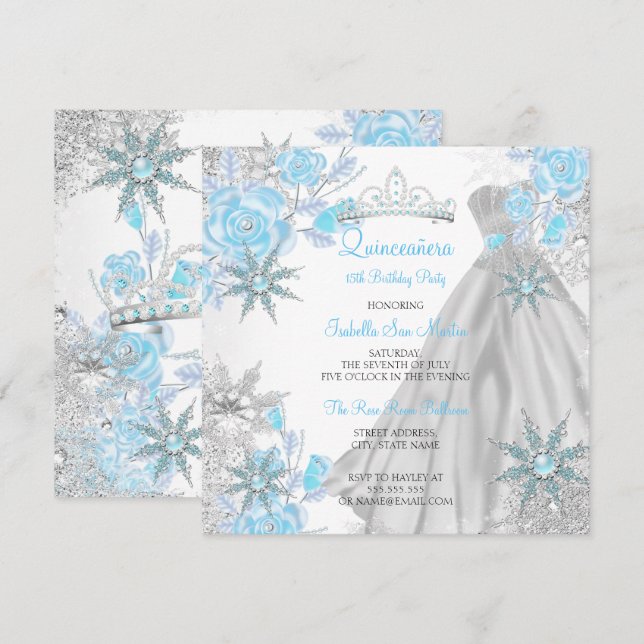 Quinceanera Aquamarine Rose Winter Wonderland Schn Einladung (Vorne/Hinten)