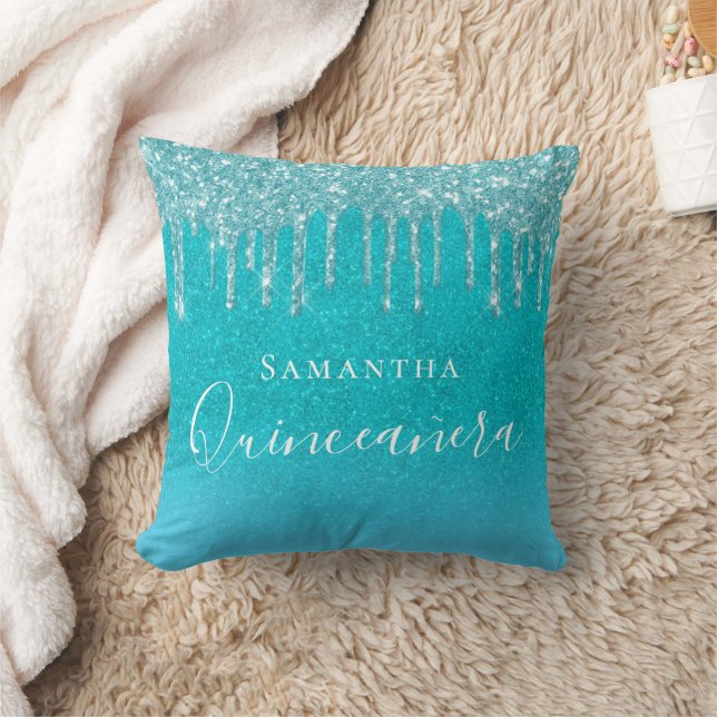 Quinceanera aquamariner blauer Glitzer Kissen (Decke)