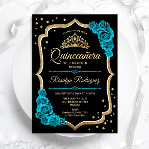 Quinceanera - Aquamarines Goldschwarz Einladung