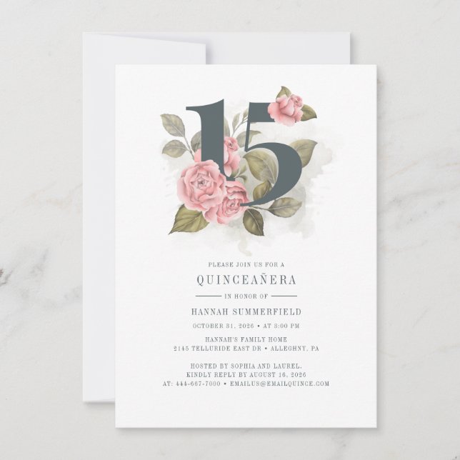Quinceanera Aquarell Blumenrosa 15. Geburtstag Einladung (Vorderseite)