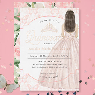 Quinceañera-Aquarell-Rosé-Blumen-Geburtstag Folieneinladung