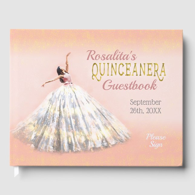Quinceanera Aquarellkleid Rosa Rosa Goldener Name Gästebuch (Vorderseite)