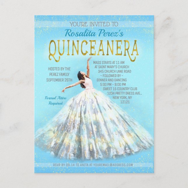 Quinceanera Aquarellkleid Royal Blue Gold Extravag Postkarte (Vorderseite)
