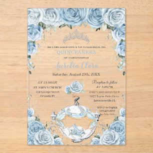 Quinceañera Baby Blue Blumen Cinderella Kutsche Acryleinladungen