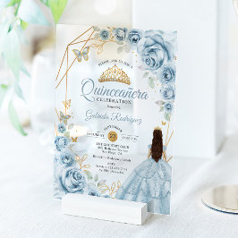 Quinceanera Baby Blue Dress Floral Gold Acryleinladungen