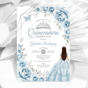 Quinceanera Baby Blue Dress Silver Floral Einladung