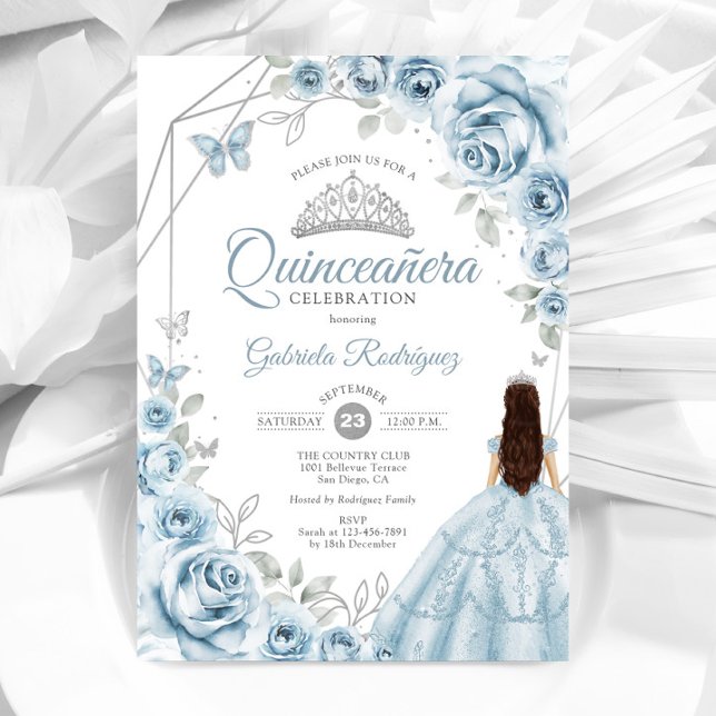 Quinceanera Baby Blue Dress Silver Floral Einladung (Von Creator hochgeladen)