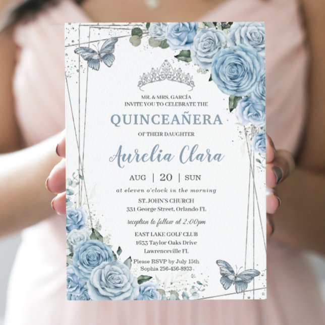 Quinceañera Baby Blue Floral Butterflies 16. Einladung (Von Creator hochgeladen)