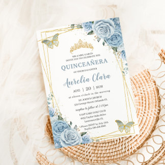 Quinceañera Baby Blue Floral Gold Schmetterlinge 1 Einladung