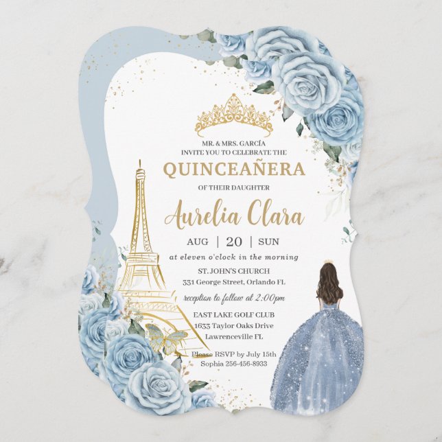 Quinceañera Baby Blue Floral Paris Gold Crown Einladung (Vorne/Hinten)