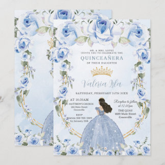 Quinceañera Baby Blue Floral Princess Dress Gold Einladung