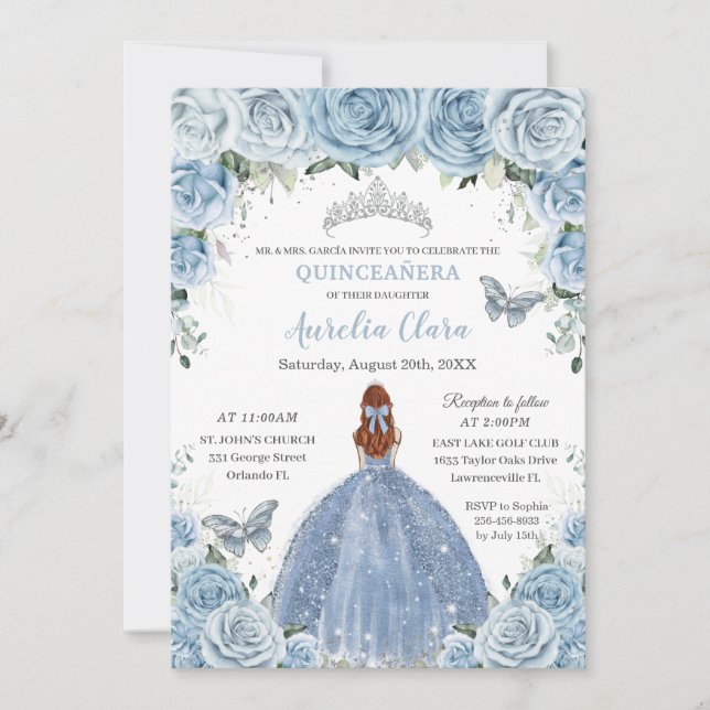 Quinceañera Baby Blue Floral Silver Red Hair Girl Einladung (Vorderseite)