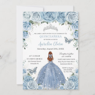 Quinceañera Baby Blue Floral Silver Red Hair Girl Einladung