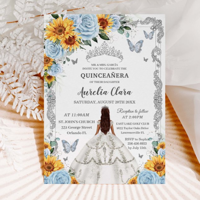 Quinceañera Baby Blue Floral Sonnenblumen Silver Einladung (Von Creator hochgeladen)