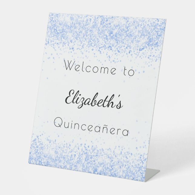 Quinceanera Baby Blue Glitzer Staub willkommen Sockelschild (Vorderseite)