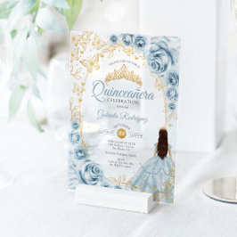 Quinceanera Baby Blue Gold Floral Acryleinladungen