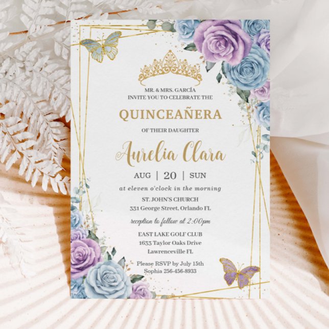 Quinceanera Baby Blue Lila Lilac Floral Einladung (Von Creator hochgeladen)