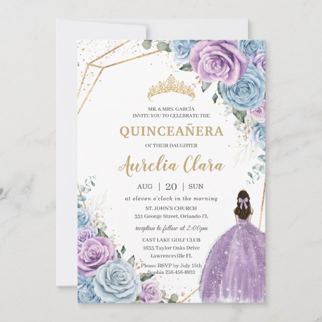 Quinceañera Baby Blue Lila Lilac Floral Gold Einladung (Vorderseite)