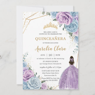 Quinceañera Baby Blue Lila Lilac Floral Gold Einladung