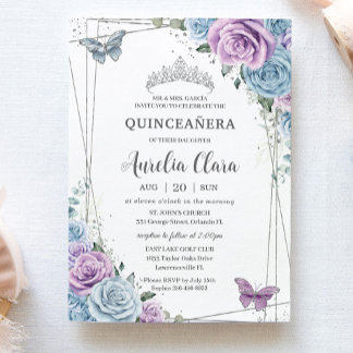 Quinceanera Baby Blue Lila Lilac Floral Silver Einladung