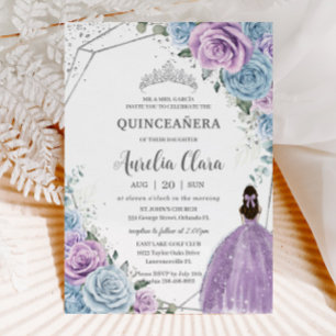 Quinceañera Baby Blue Lila Lilac Floral Silver Einladung