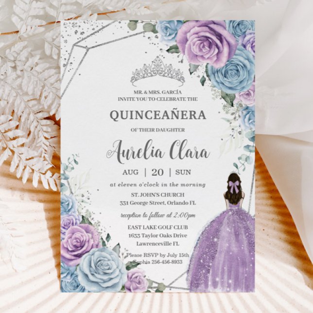 Quinceañera Baby Blue Lila Lilac Floral Silver Einladung (baby blue purple lilac roses floral silver geometric girl dress quinceanera sweet 16 invitation card)