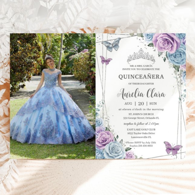 Quinceanera Baby Blue Lila Lilac Floral Silver Einladung (Von Creator hochgeladen)