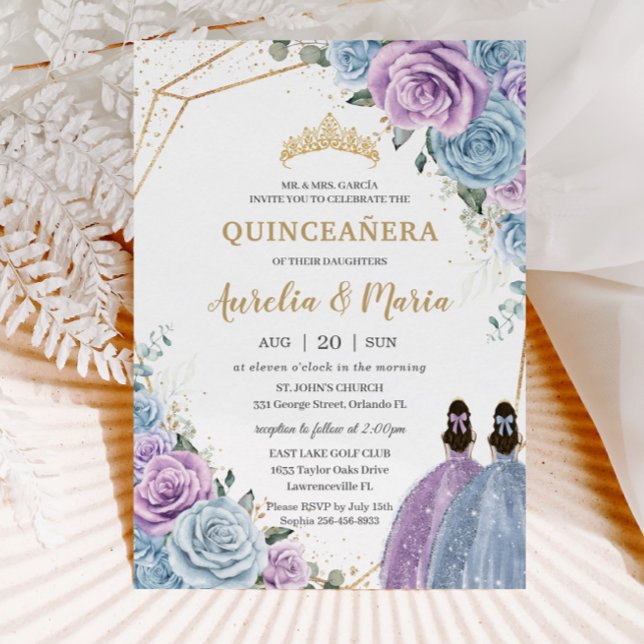 Quinceañera Baby Blue Lilac Lila Floral Twins Einladung (beautiful baby blue lilac floral twins Quinceañera Sweet 16 birthday printed invitation cards )