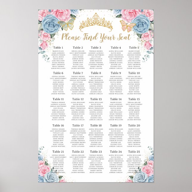 Quinceañera Baby Blue Pink Blütensitzplan Poster (Vorne)