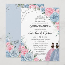 Quinceañera Baby Blue Pink Floral Twins Silver Einladung