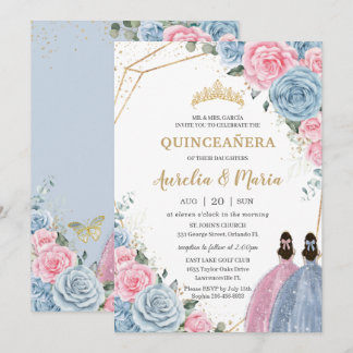 Quinceañera Baby Blue Pink Rose Zwillinge Einladung