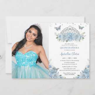 Quinceañera Baby Blue Rose Silver Crown Foto Einladung