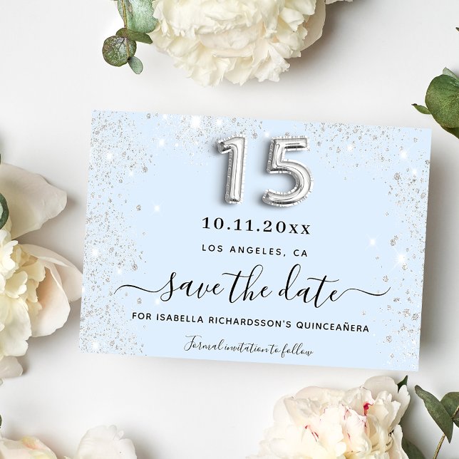 Quinceanera Baby Blue Silber Glitzer Party Save The Date (Von Creator hochgeladen)