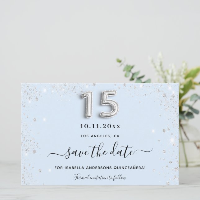 Quinceanera Baby Blue Silber Glitzer Save the Date (Stehend Vorderseite)