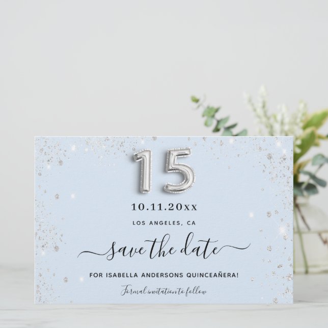 Quinceanera Baby Blue Silber Glitzer Save the Date (Stehend Vorderseite)