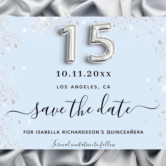 Quinceanera Baby Blue Silber Glitzer Save the Date (Von Creator hochgeladen)