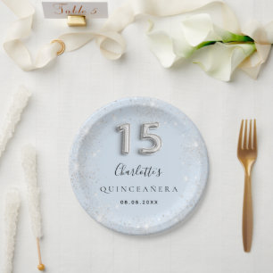 Quinceanera Baby Blue Silber Glitzer Staub Pappteller