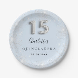 Quinceanera Baby Blue Silber Glitzer Staub Pappteller