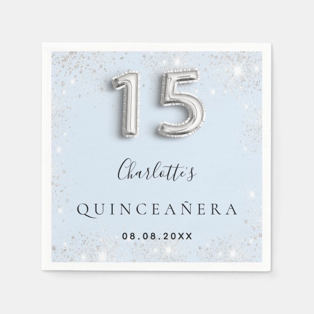 Quinceanera Baby Blue Silber Glitzer Staub Serviette (Vorderseite)