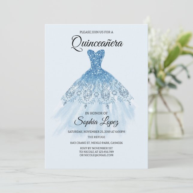 Quinceanera Baby Blue Theme, Mis Quince Einladung (Stehend Vorderseite)